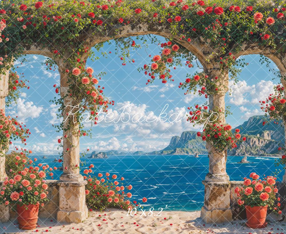 Kate Sommer Meer Strand Rosa Blumiger Steinbogentür Hintergrund Entworfen von Chain Photography - Kate Backdrop.de