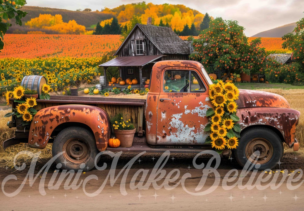 Kate Herbst Outdoor Wald Sonnenblume Oranger Lastwagen Hintergrund Entworfen von Mini MakeBelieve - Kate Backdrop.de