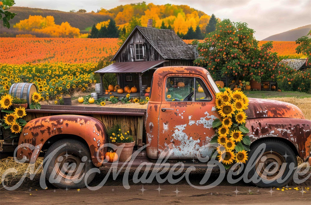 Kate Herbst Outdoor Wald Sonnenblume Oranger Lastwagen Hintergrund Entworfen von Mini MakeBelieve - Kate Backdrop.de