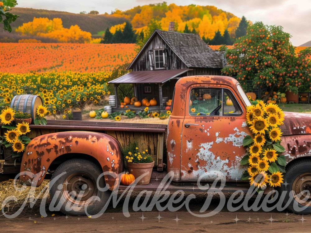 Kate Herbst Outdoor Wald Sonnenblume Oranger Lastwagen Hintergrund Entworfen von Mini MakeBelieve - Kate Backdrop.de