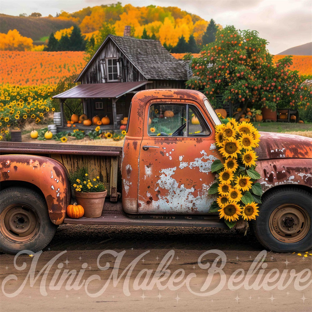 Kate Herbst Outdoor Wald Sonnenblume Oranger Lastwagen Hintergrund Entworfen von Mini MakeBelieve - Kate Backdrop.de