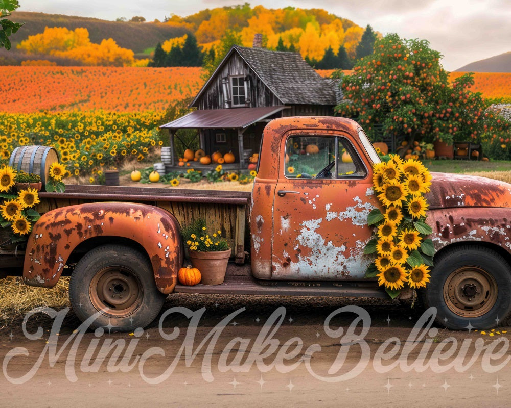 Kate Herbst Outdoor Wald Sonnenblume Oranger Lastwagen Hintergrund Entworfen von Mini MakeBelieve - Kate Backdrop.de