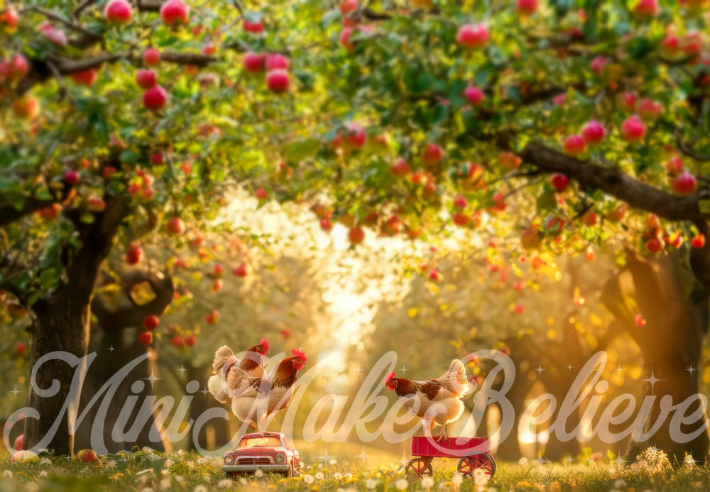 Kate Herbst Outdoor Apfelplantage Huhn Spielzeugauto Wiese Hintergrund Entworfen von Mini MakeBelieve - Kate Backdrop.de