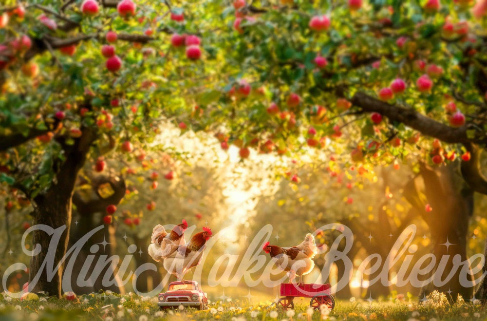 Kate Herbst Outdoor Apfelplantage Huhn Spielzeugauto Wiese Hintergrund Entworfen von Mini MakeBelieve - Kate Backdrop.de