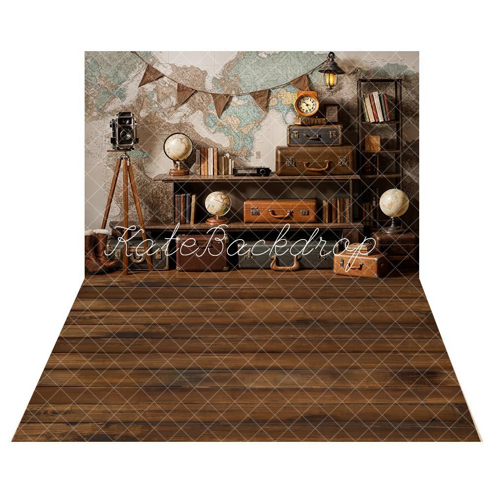 Kate Vintage Koffer Globus Abenteuer Reise Hintergrund +Brauner Holzboden Hintergrund - Kate Backdrop.de