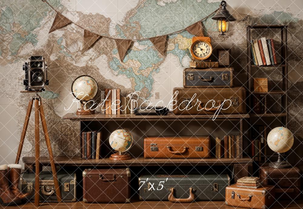 Kate Vintage Kamera Koffer Globus Abenteuerreise Hintergrund Entworfen von Emetselch - Kate Backdrop.de