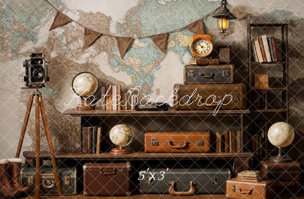 Kate Vintage Kamera Koffer Globus Abenteuerreise Hintergrund Entworfen von Emetselch - Kate Backdrop.de