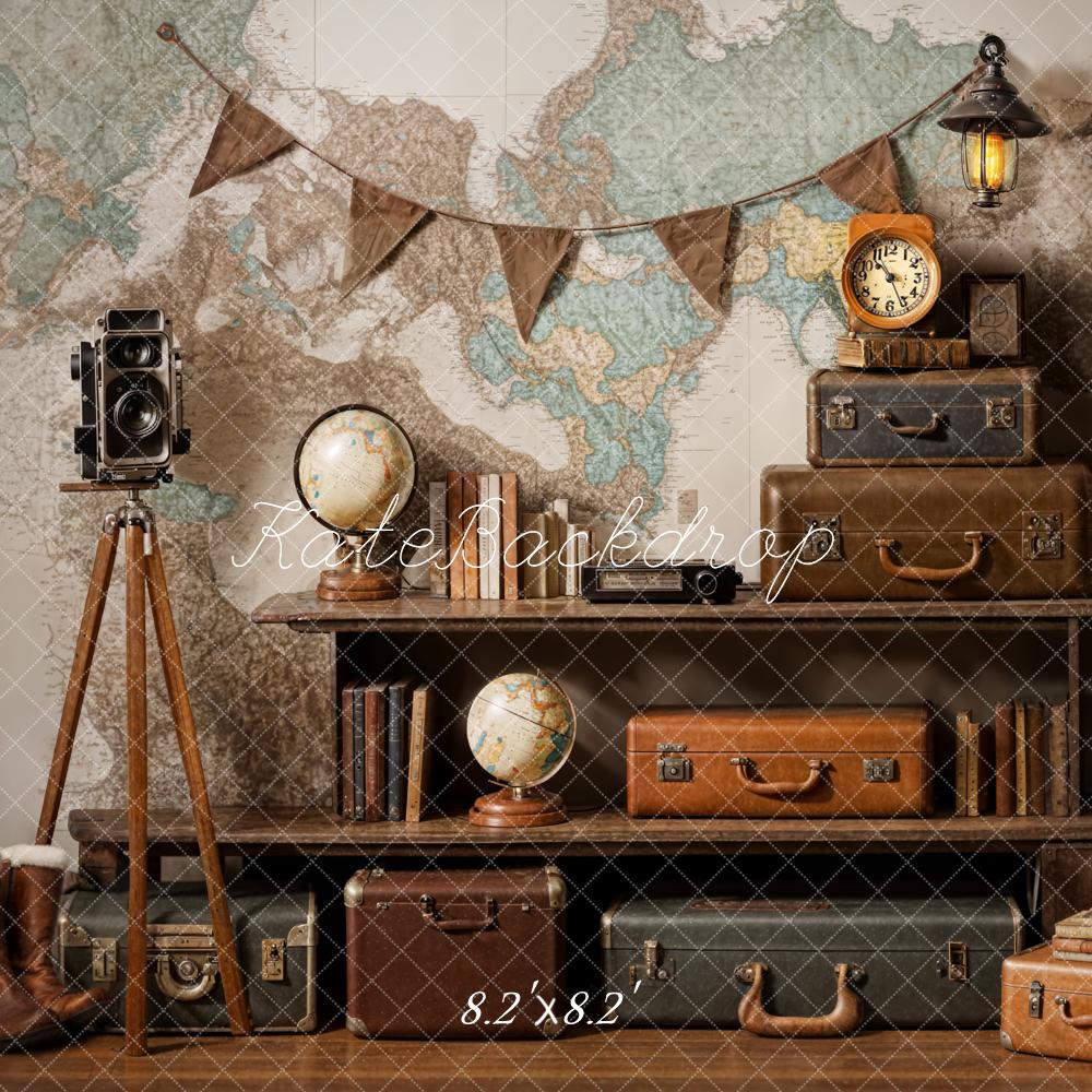 Kate Vintage Kamera Koffer Globus Abenteuerreise Hintergrund Entworfen von Emetselch - Kate Backdrop.de