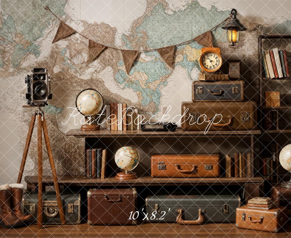 Kate Vintage Kamera Koffer Globus Abenteuerreise Hintergrund Entworfen von Emetselch - Kate Backdrop.de