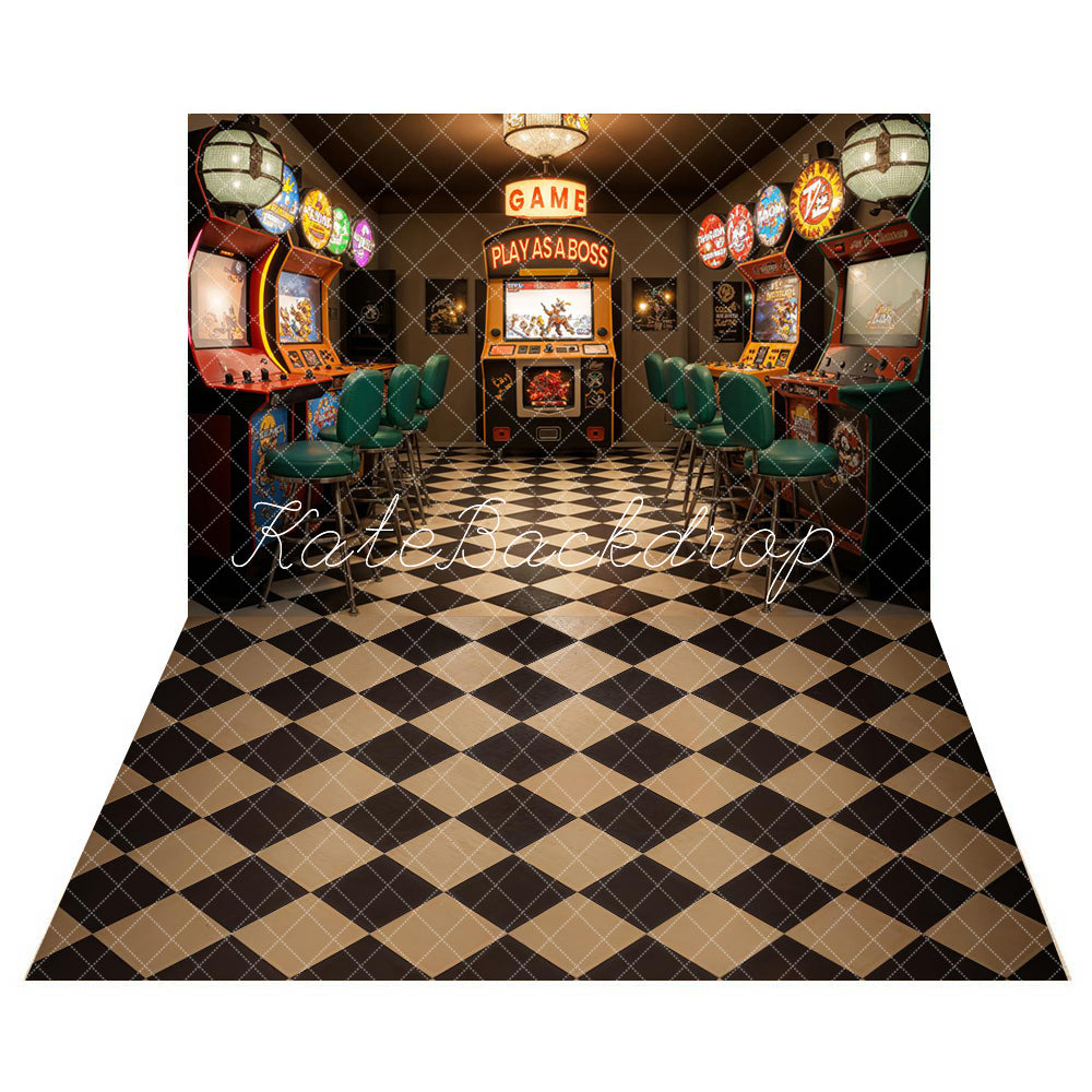 Kate Retro Farbenfrohes Spiellobbyhintergrund + Vintage Schwarz und Braun karierte Bodenhintergrund - Kate Backdrop.de