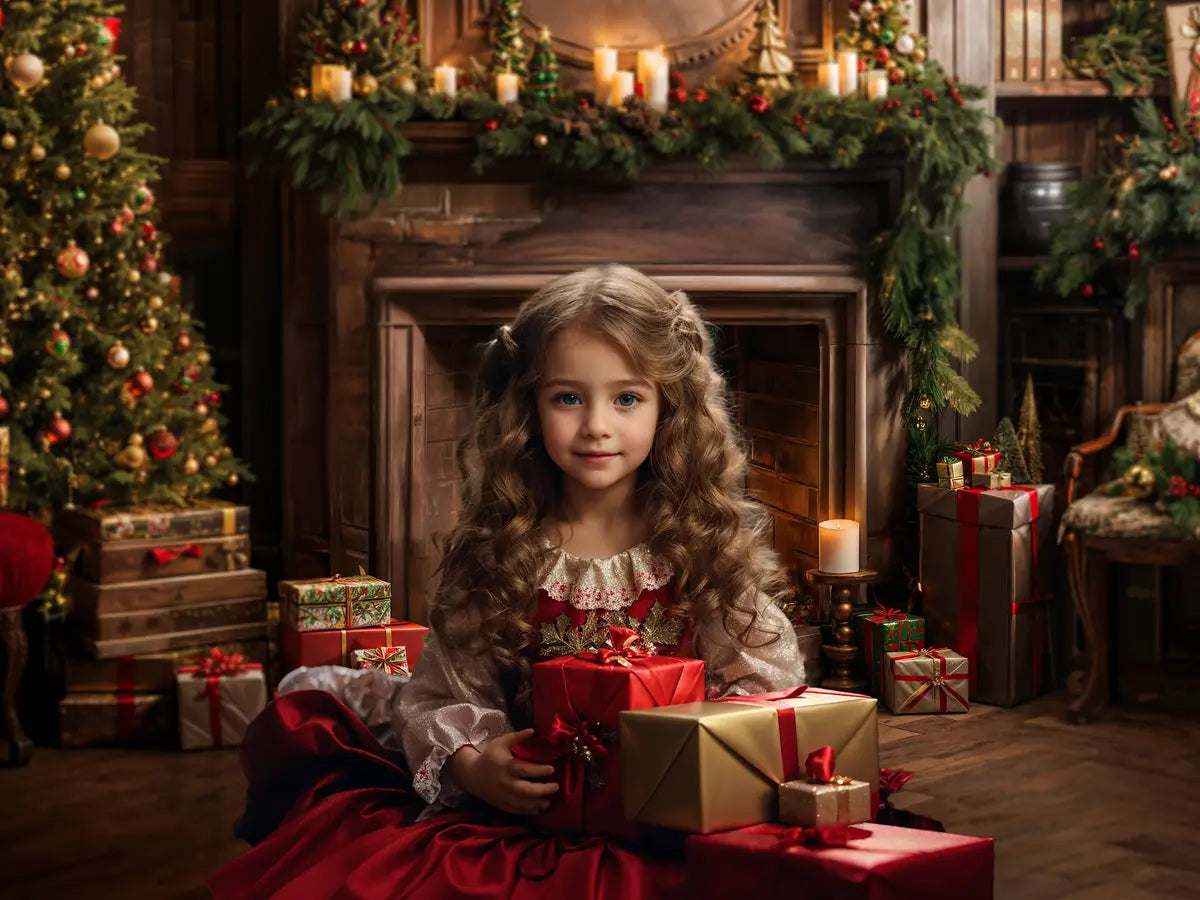 Kate Weihnachten Baum Geschenk Bücherregal Brauner Kamin Hintergrund Entworfen von Emetselch - Kate Backdrop.de