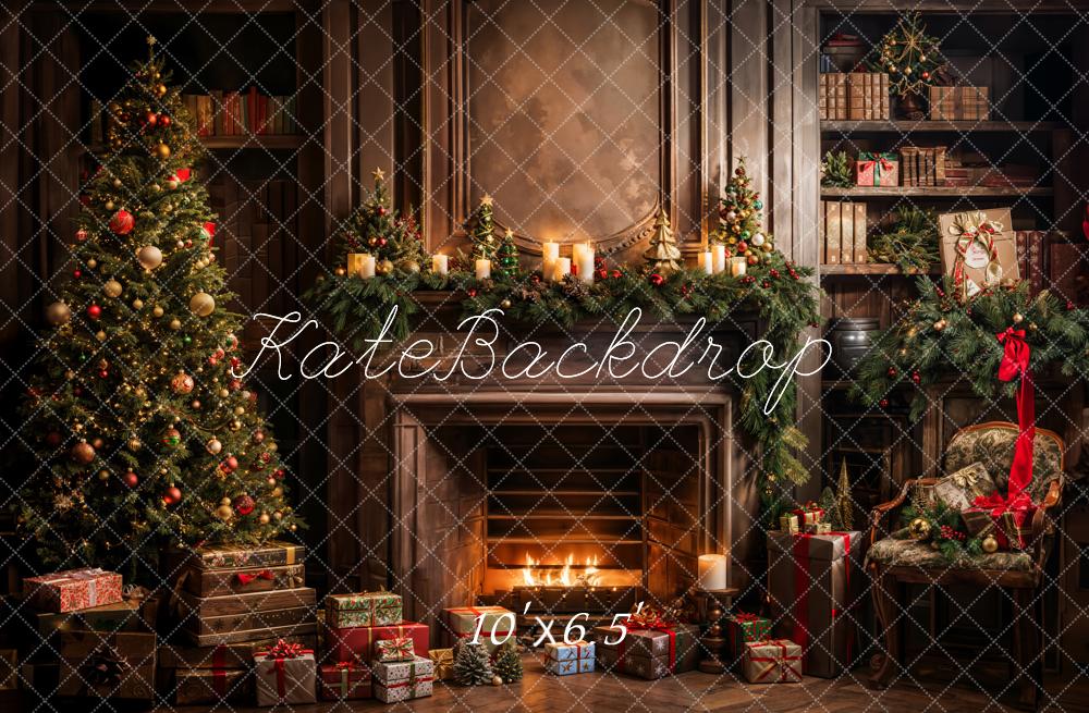 Kate Weihnachten Baum Geschenk Bücherregal Brauner Kamin Hintergrund Entworfen von Emetselch - Kate Backdrop.de