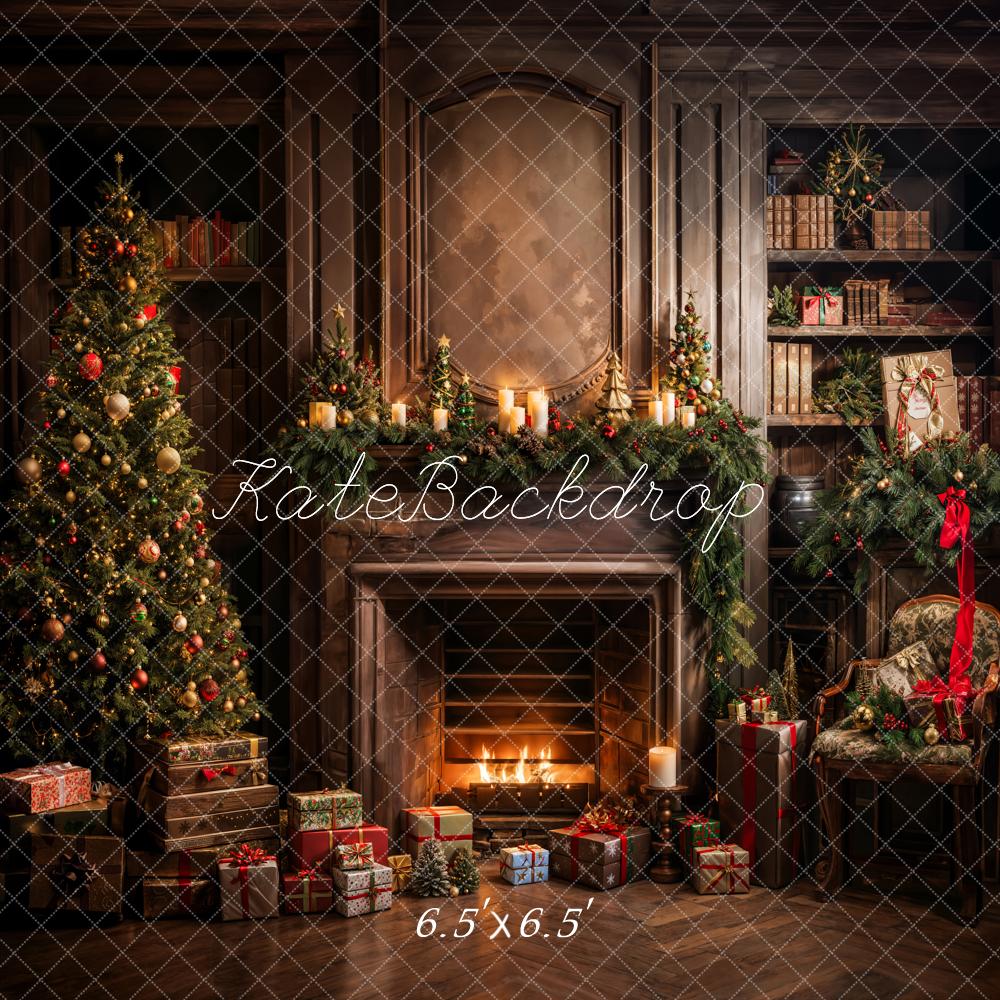 Kate Weihnachten Baum Geschenk Bücherregal Brauner Kamin Hintergrund Entworfen von Emetselch - Kate Backdrop.de