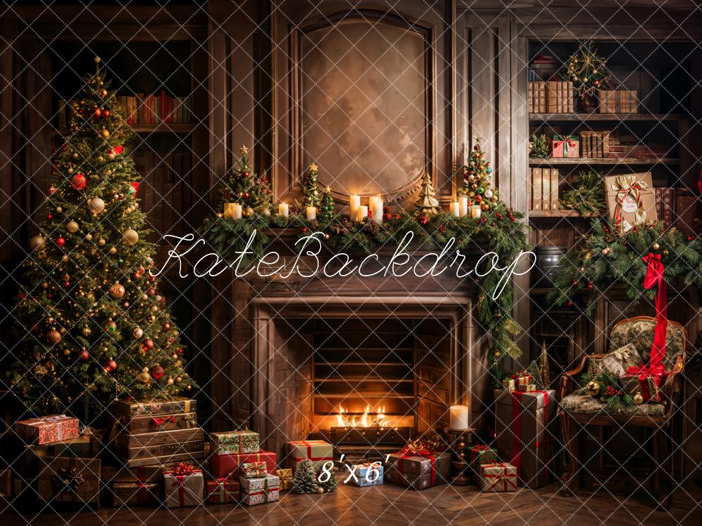 Kate Weihnachten Baum Geschenk Bücherregal Brauner Kamin Hintergrund Entworfen von Emetselch - Kate Backdrop.de