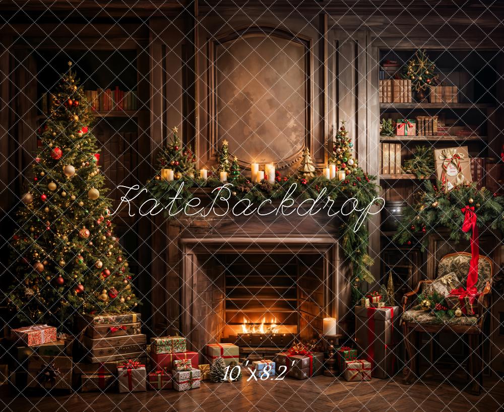 Kate Weihnachten Baum Geschenk Bücherregal Brauner Kamin Hintergrund Entworfen von Emetselch - Kate Backdrop.de