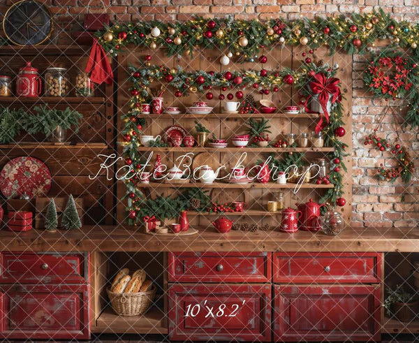 ⚡Blitzangebote #4-Kate Weihnachten Küche Grüner Kranz Hintergrund entworfen von Emetselch - Kate Backdrop.de