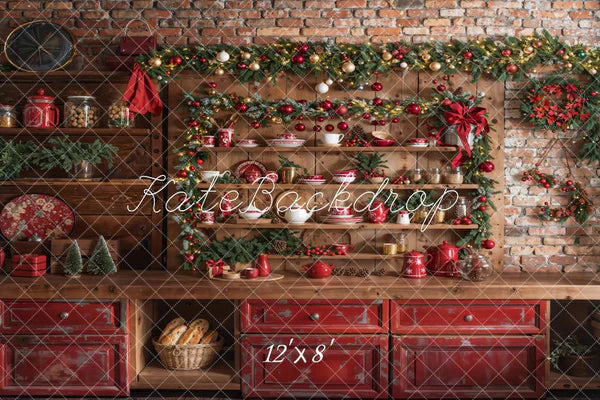 ⚡Blitzangebote #4-Kate Weihnachten Küche Grüner Kranz Hintergrund entworfen von Emetselch - Kate Backdrop.de