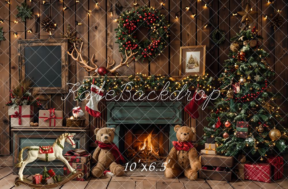 Kate Weihnachten Geschenk Teddybär Grüner Kamin Dunkelbrauner Raum Hintergrund entworfen von Emetselch - Kate Backdrop.de