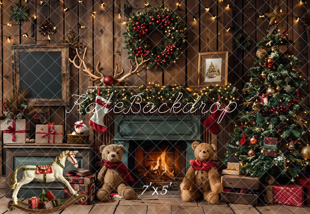 Kate Weihnachten Geschenk Teddybär Grüner Kamin Dunkelbrauner Raum Hintergrund entworfen von Emetselch - Kate Backdrop.de