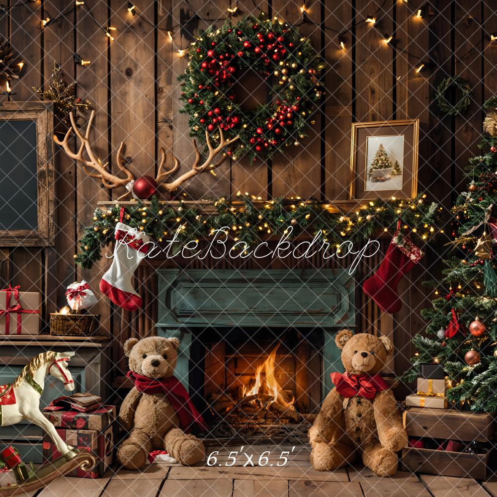 Kate Weihnachten Geschenk Teddybär Grüner Kamin Dunkelbrauner Raum Hintergrund entworfen von Emetselch - Kate Backdrop.de