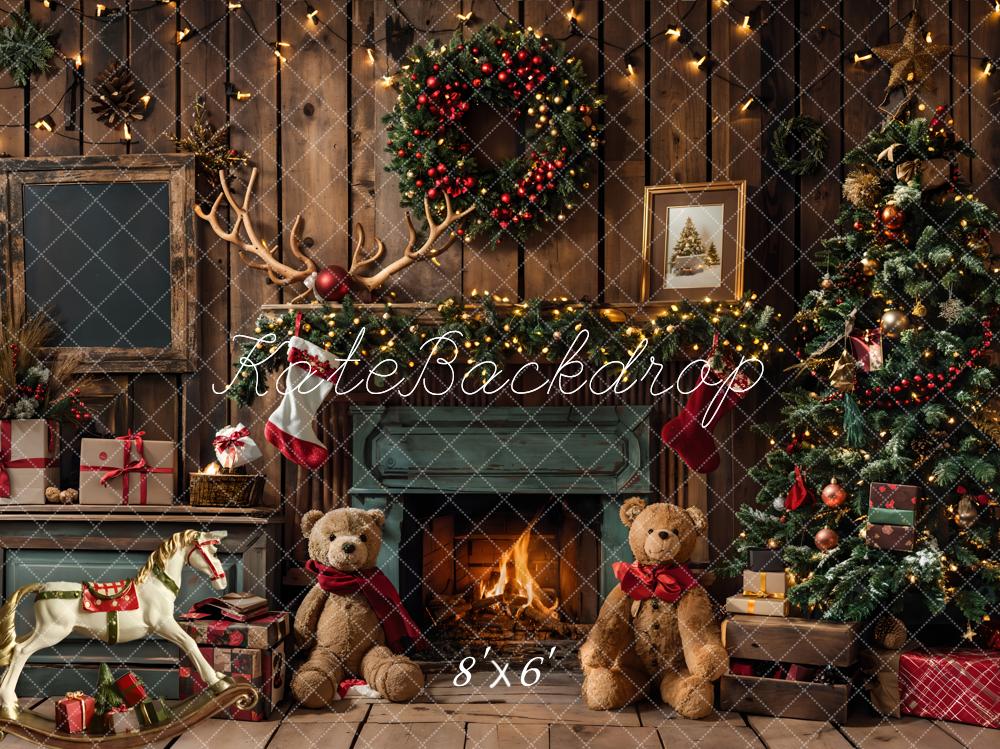 Kate Weihnachten Geschenk Teddybär Grüner Kamin Dunkelbrauner Raum Hintergrund entworfen von Emetselch - Kate Backdrop.de