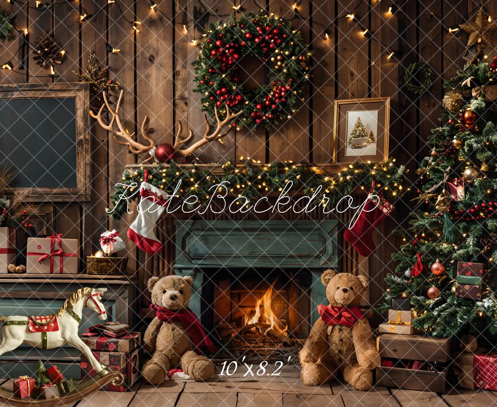 Kate Weihnachten Geschenk Teddybär Grüner Kamin Dunkelbrauner Raum Hintergrund entworfen von Emetselch - Kate Backdrop.de