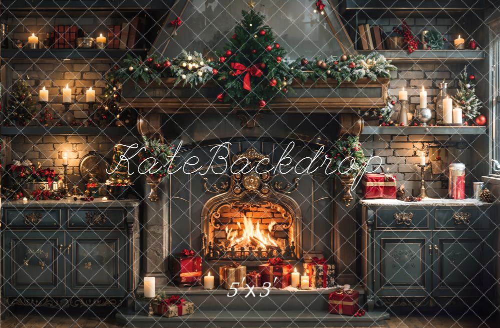 Kate Weihnachten Dunkelgrüne Schränke und Kamin Küchenhintergrund entworfen von Emetselch - Kate Backdrop.de