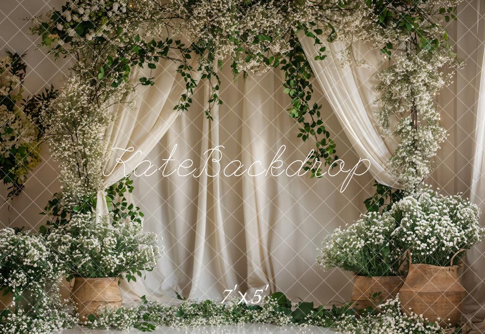 Kate Sommer Grüne Pflanze Weiße Blumenbogen Vorhang Hintergrund entworfen von Emetselch - Kate Backdrop.de