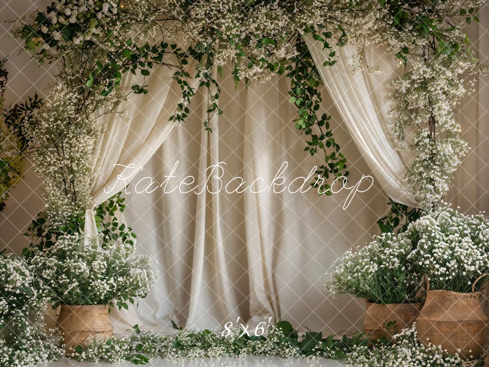 Kate Sommer Grüne Pflanze Weiße Blumenbogen Vorhang Hintergrund entworfen von Emetselch - Kate Backdrop.de