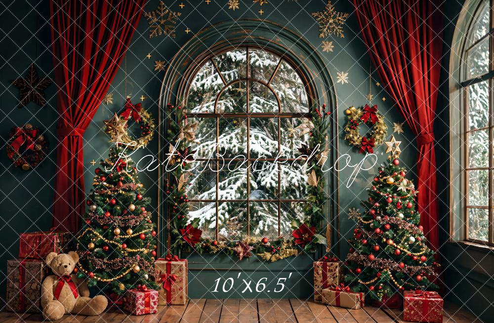 Kate Weihnachten Kranz Teddybär Roter Vorhang Dunkelgrünes Bogenfenster Hintergrund entworfen von Emetselch - Kate Backdrop.de