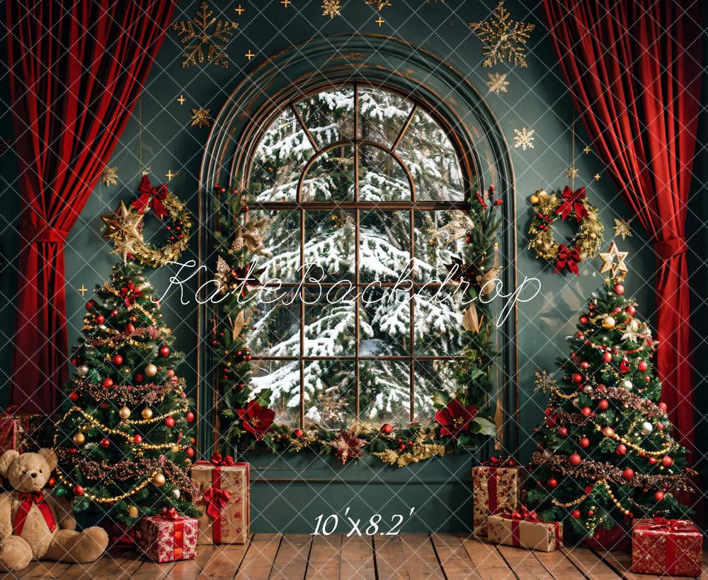 Kate Weihnachten Kranz Teddybär Roter Vorhang Dunkelgrünes Bogenfenster Hintergrund entworfen von Emetselch - Kate Backdrop.de