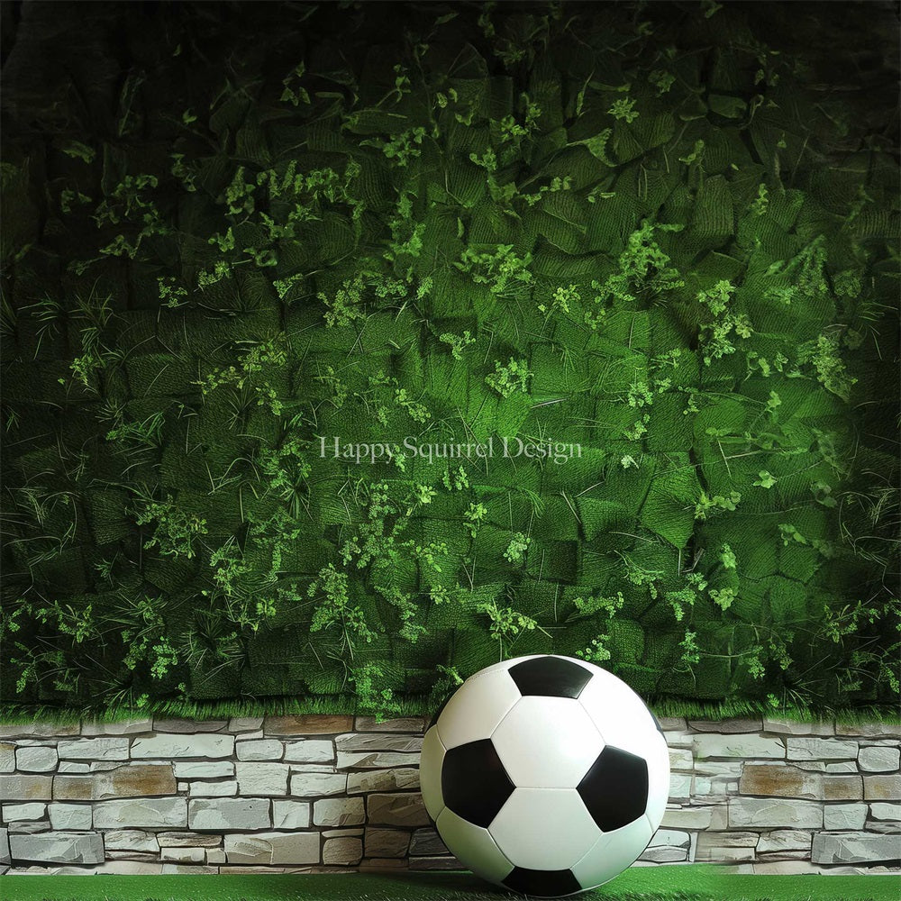 Kate Sommer Fußball Sport Grüne Pflanze Weiße Backsteinwand Hintergrund entworfen von Happy Squirrel Design - Kate Backdrop.de