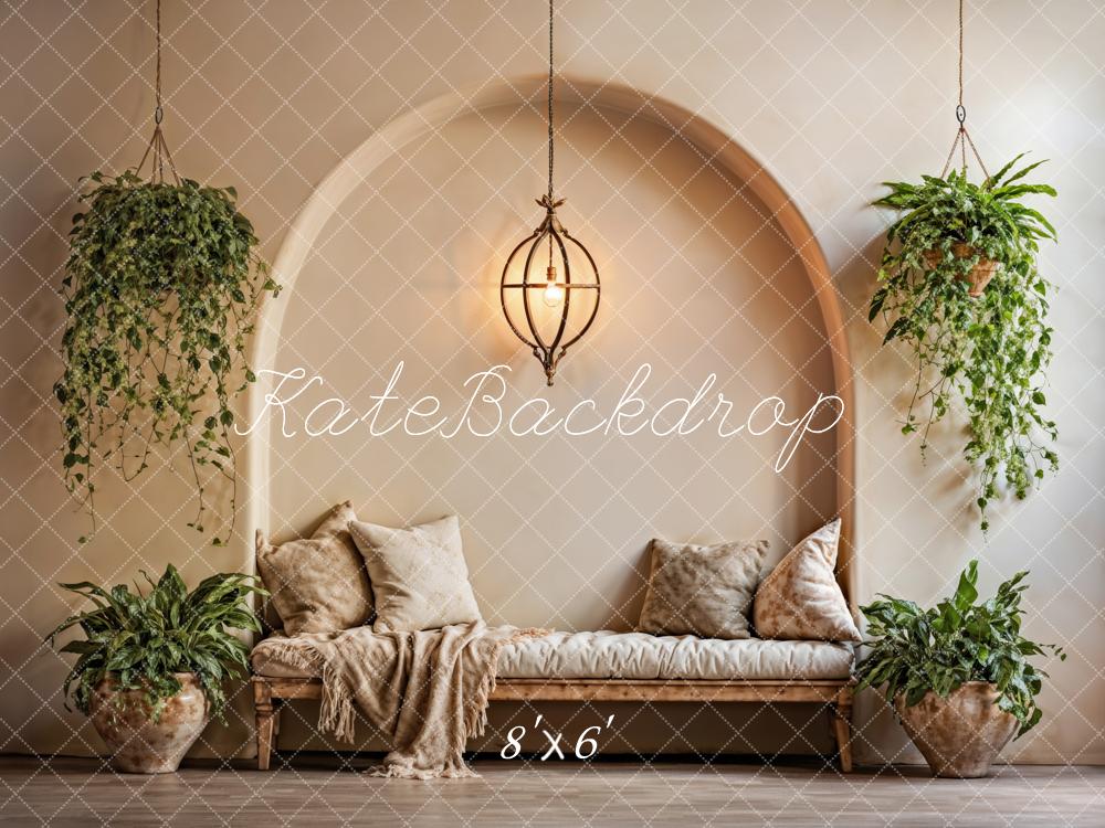 Kate Sommer Indoor Grüne Pflanze Beiger Kissen Bogen Wand Hintergrund entworfen von Emetselch - Kate Backdrop.de