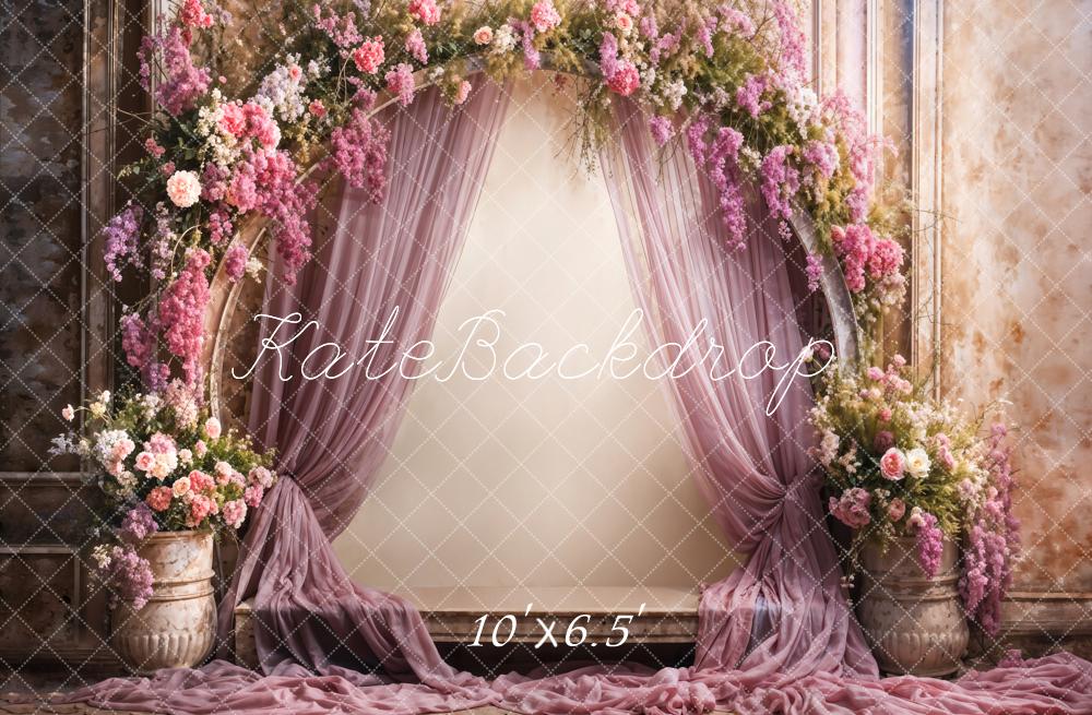 Kate Retro Feine Kunst Bunte Blume Lila Vorhang Beige Bogen Wand Hintergrund entworfen von Emetselch - Kate Backdrop.de