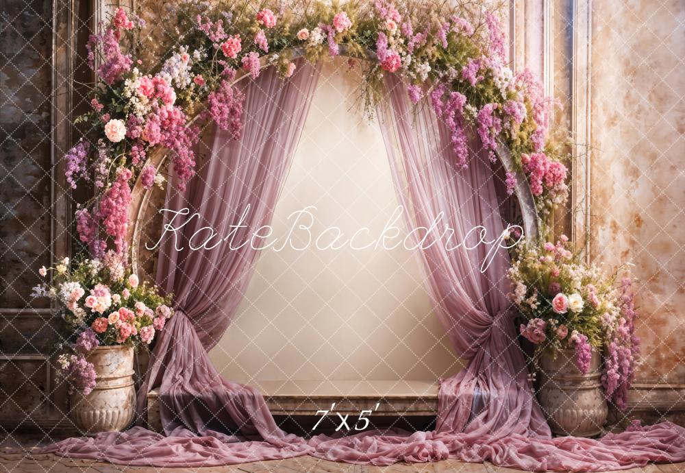 Kate Retro Feine Kunst Bunte Blume Lila Vorhang Beige Bogen Wand Hintergrund entworfen von Emetselch - Kate Backdrop.de