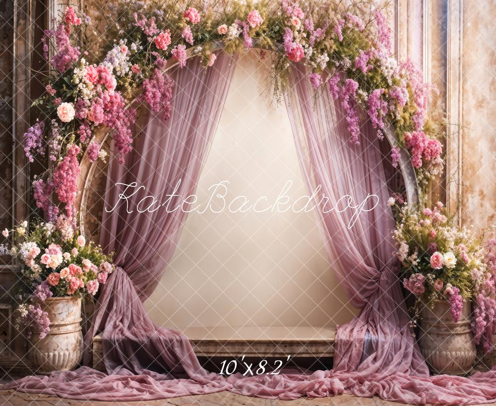 Kate Retro Feine Kunst Bunter Blumen Lila Vorhang Beige Bogenwand Hintergrund Entworfen von Emetselch - Kate Backdrop.de