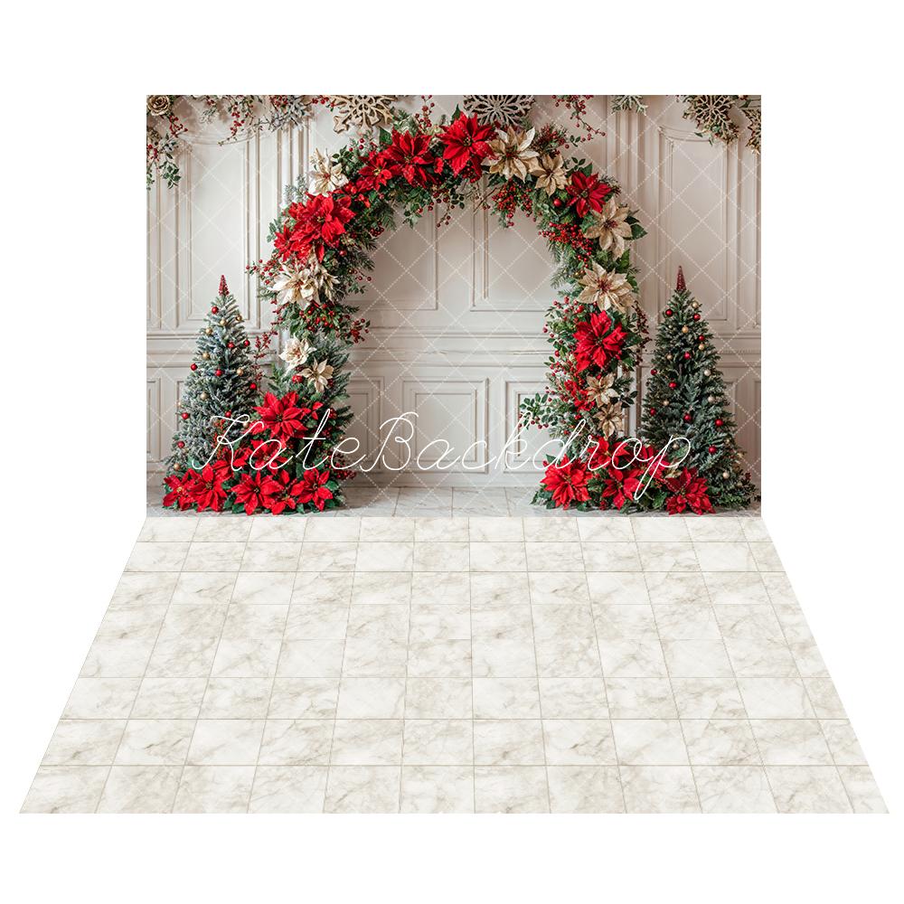 Kate Weihnachten Farbenfroher Blumenbogen Weißer Retro Wandhintergrund + Elfenbeinweißer Marmorplaidbodenhintergrund - Kate Backdrop.de