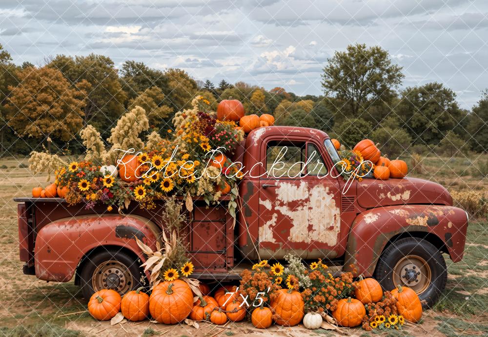 Kate Herbst Outdoor Wald Bunte Blumen Kürbis Karmesinroter Lastwagen Hintergrund Entworfen von Emetselch - Kate Backdrop.de