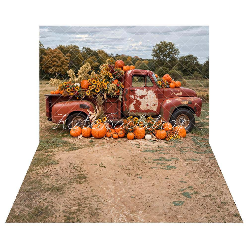 ⚡Blitzangebote #2-Kate Herbst Outdoor Wald Farbenfrohe Blumen Kürbis Karmesinroter Lkw Hintergrund + Outdoor Wald Brauner Schotterweg Bodenhintergrund - Kate Backdrop.de