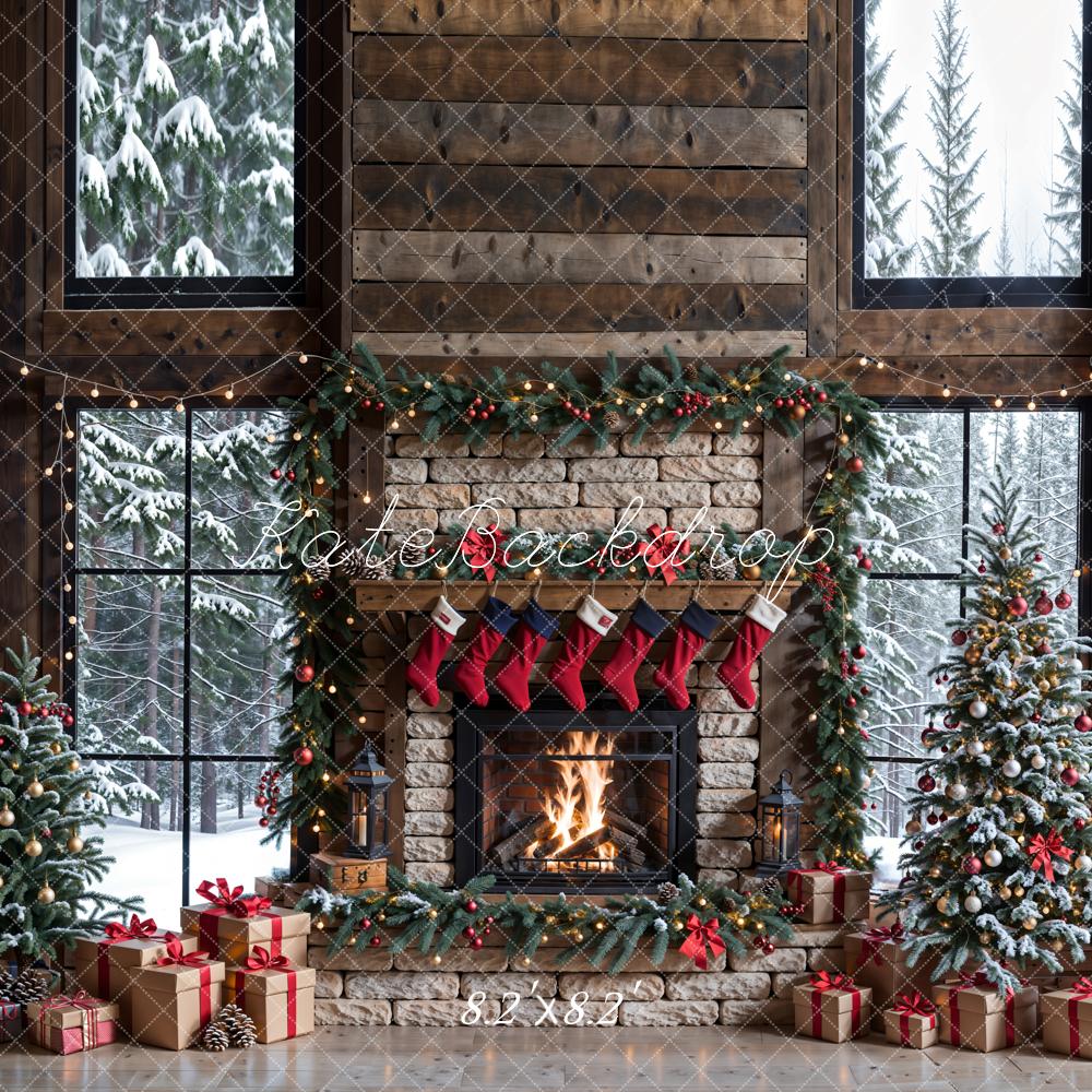 Kate Winter Weihnachten Weißer Ziegelstein Kamin Dunkelbrauner Eingerahmtes Fenster Hintergrund entworfen von Emetselch - Kate Backdrop.de