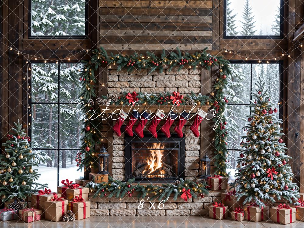 Kate Winter Weihnachten Weißer Ziegelstein Kamin Dunkelbrauner Eingerahmtes Fenster Hintergrund entworfen von Emetselch - Kate Backdrop.de