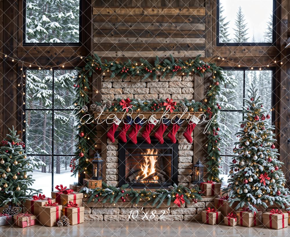 Kate Winter Weihnachten Weißer Ziegelstein Kamin Dunkelbrauner Eingerahmtes Fenster Hintergrund entworfen von Emetselch - Kate Backdrop.de
