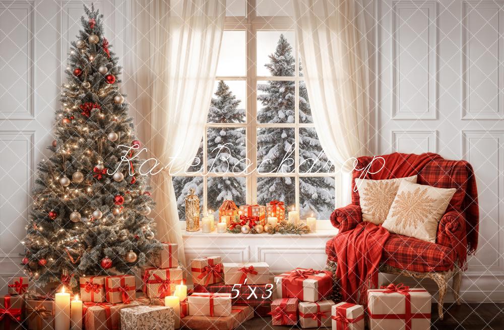Kate Winter Weihnachten Indoor Weiße Vorhang Eingerahmtes Fenster Retro Wand Hintergrund entworfen von Emetselch