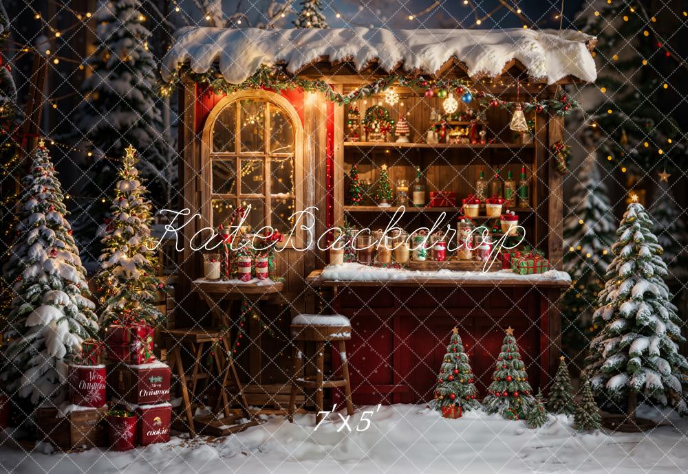 Kate Winter Weihnachten Outdoor Wald Roter Brauner Holz Essenswagen Hintergrund entworfen von Emetselch - Kate Backdrop.de