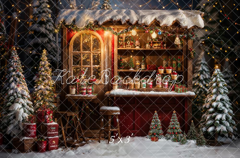 Kate Winter Weihnachten Outdoor Wald Roter Brauner Holz Essenswagen Hintergrund entworfen von Emetselch - Kate Backdrop.de