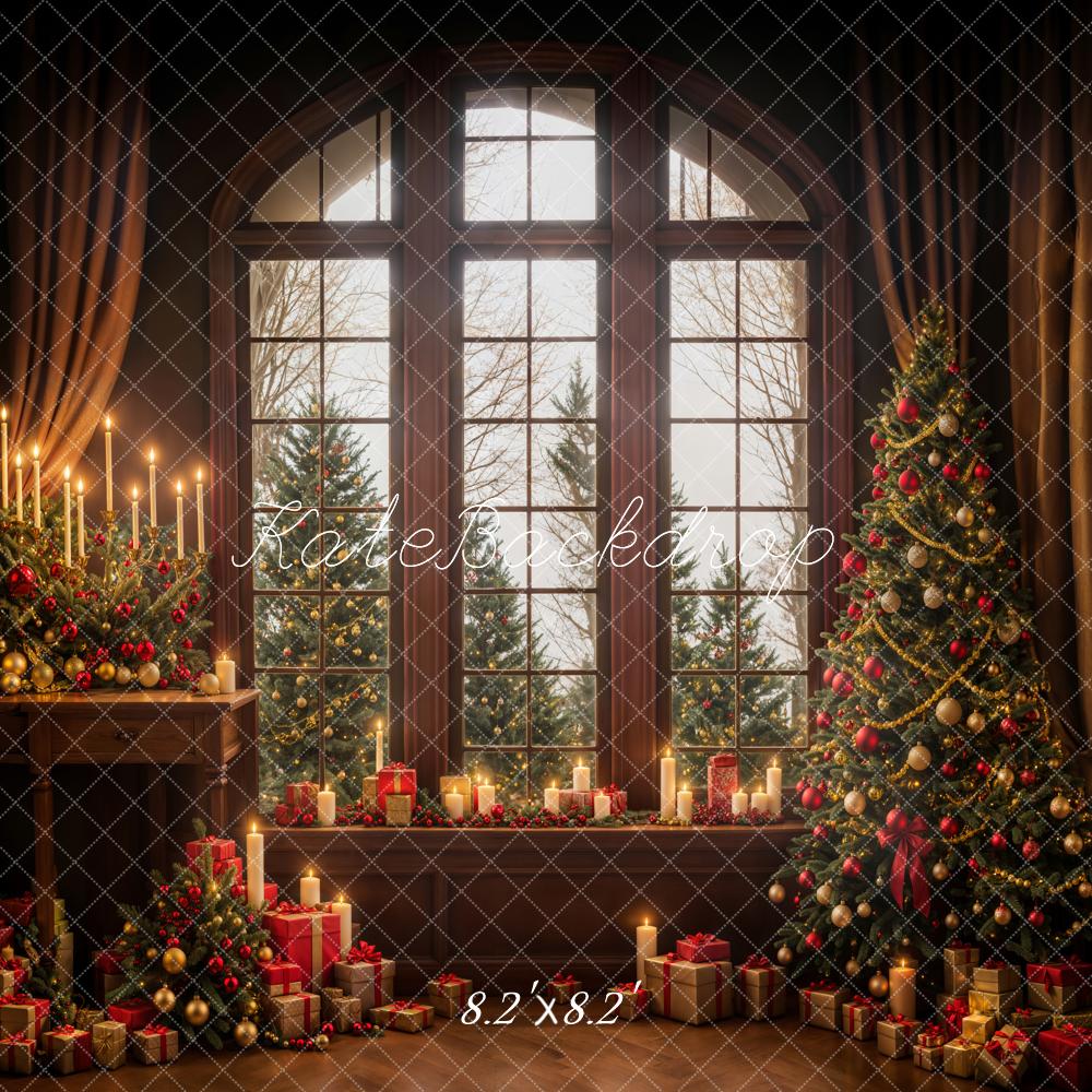 Kate Winter Weihnachten Dunkelbraunes Holz Bogenfenster Hintergrund entworfen von Emetselch - Kate Backdrop.de