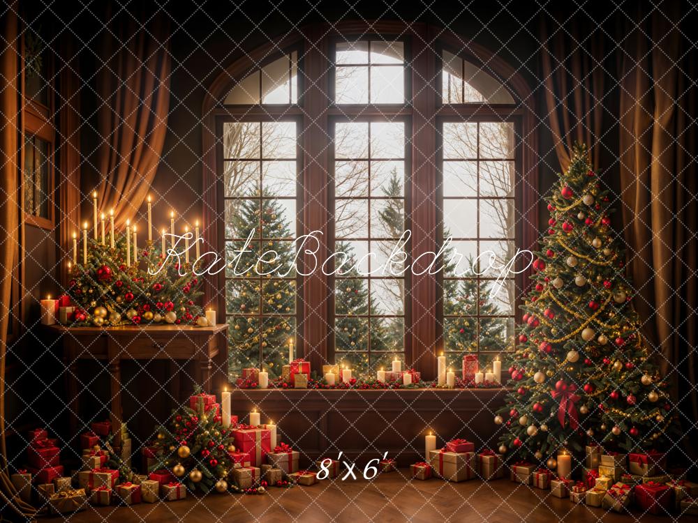 Kate Winter Weihnachten Dunkelbraunes Holz Bogenfenster Hintergrund entworfen von Emetselch - Kate Backdrop.de