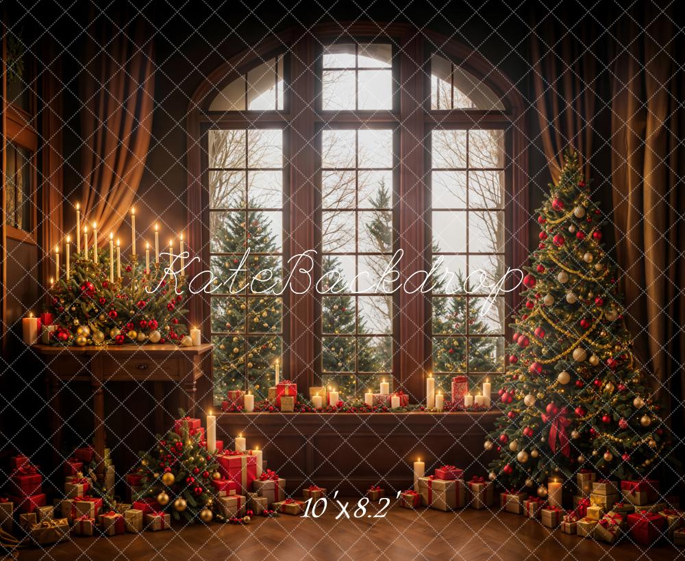 Kate Winter Weihnachten Dunkelbraunes Holz Bogenfenster Hintergrund entworfen von Emetselch - Kate Backdrop.de