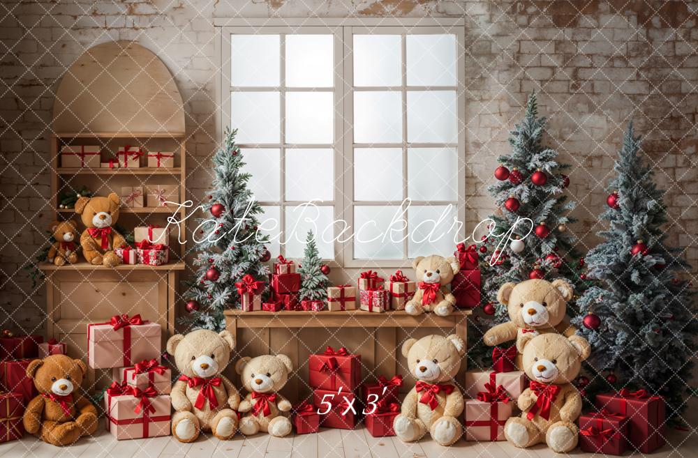 Kate Weihnachten Teddybär Weißes Eingerahmtes Fenster Graue Ziegelwand Hintergrund entworfen von Emetselch
