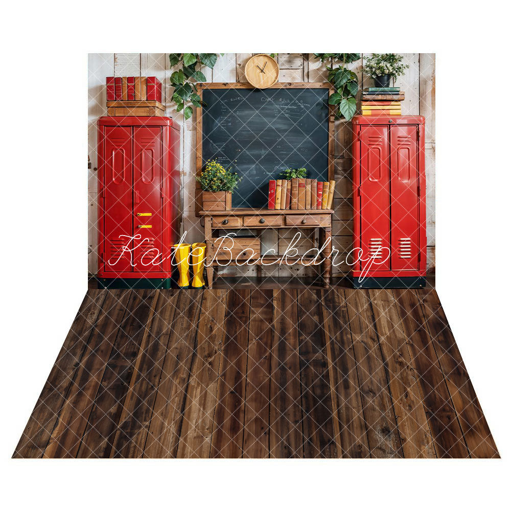 Kate Zurück zur Schule Roter Spind Tafel Holzgestreifter Wandhintergrund + Dunkelbrauner Alter Holzbodenhintergrund - Kate Backdrop.de